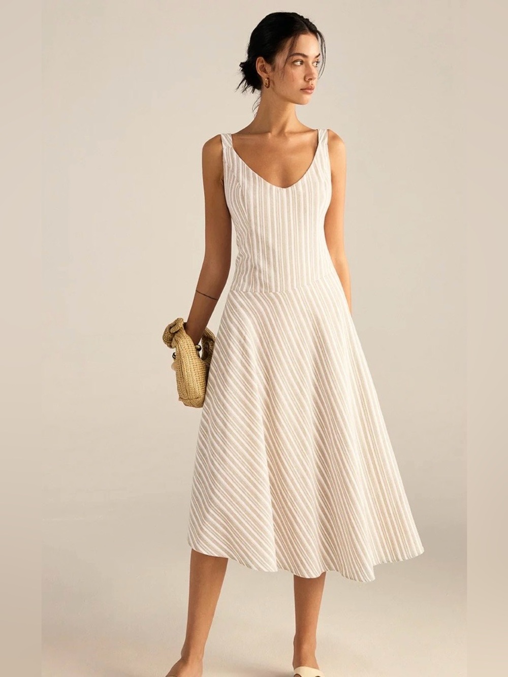 Commense Striped Asymmetriccal Hem Midi Dress cotton blend